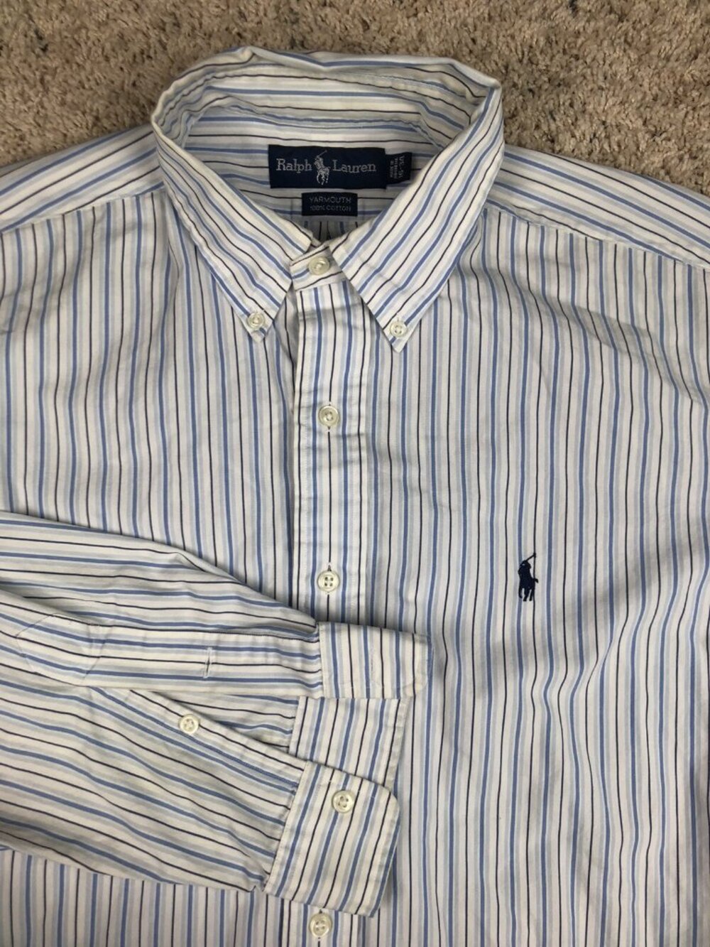 Ralph Lauren Yarmouth Cotton Oxford Long Sleeve Shirt Blue White Striped 16-34